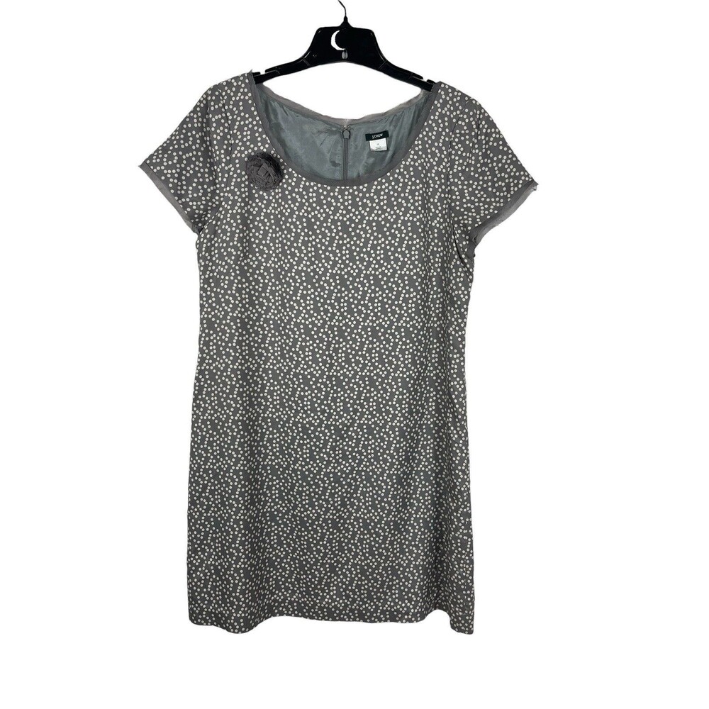 J.Crew Women’s 12 100% Silk Gray Polka Dot Short Sleeve Sheath Dress Rosette Pin